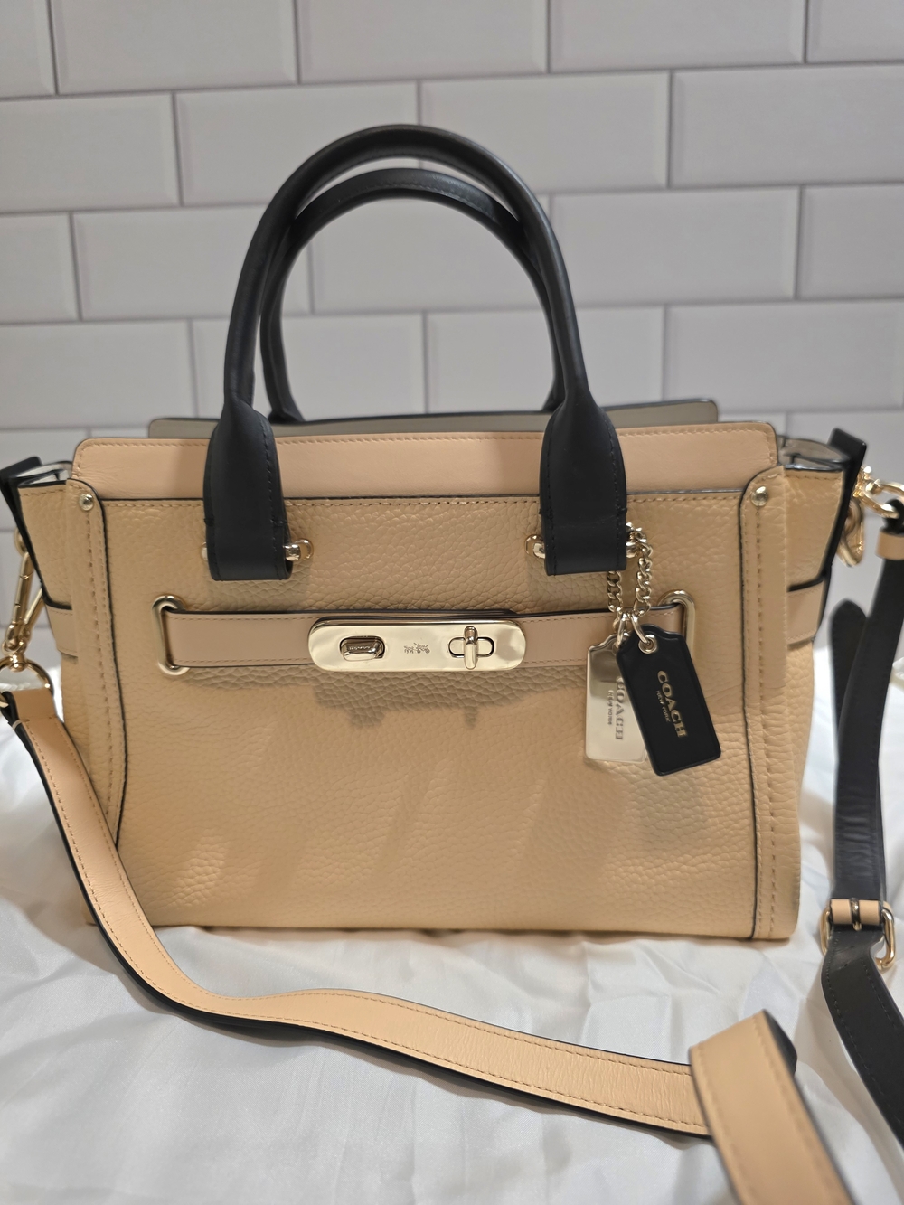 Coach Pebbled Leather Swagger 27 in Peach Salmon and Black (Style 34417) - Picture 7 of 16